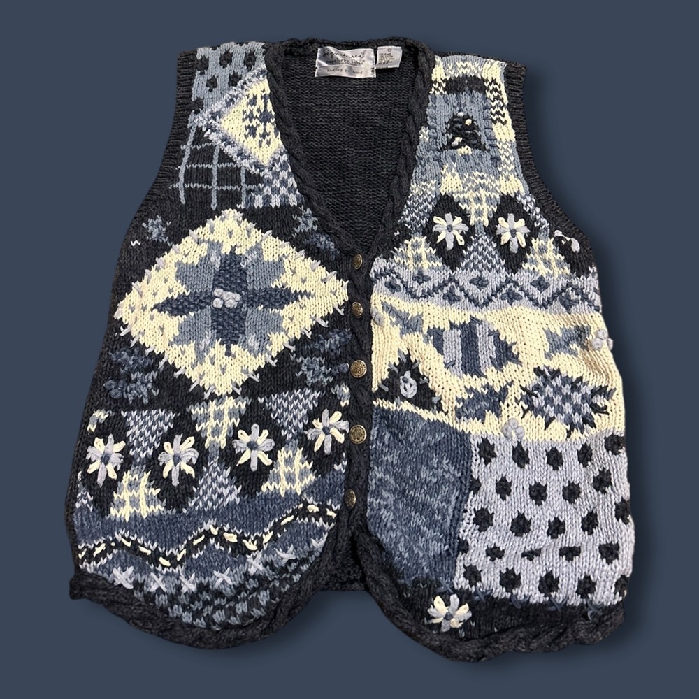 Vintage Patchwork Knit Vest - Black, Gray & Cream